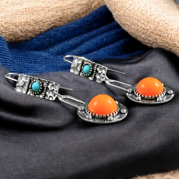 🆕️Vintage Style Boho Chic Drop Trendy Spring Earrings Orange Turquoise Accents - Picture 8 of 16